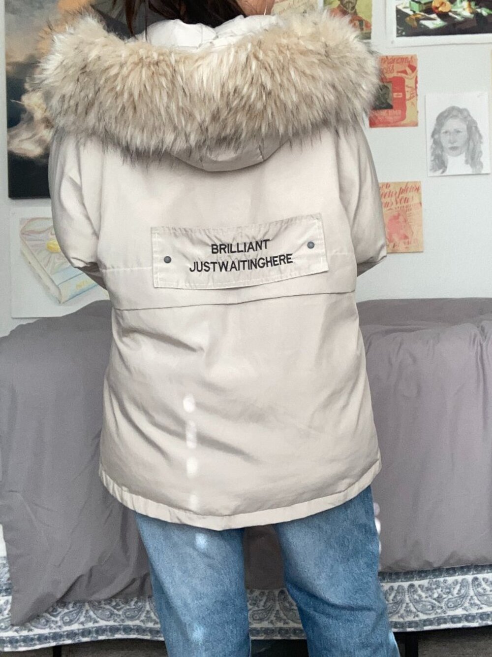 Beige Puffer Jacket with Fur Hoodie
